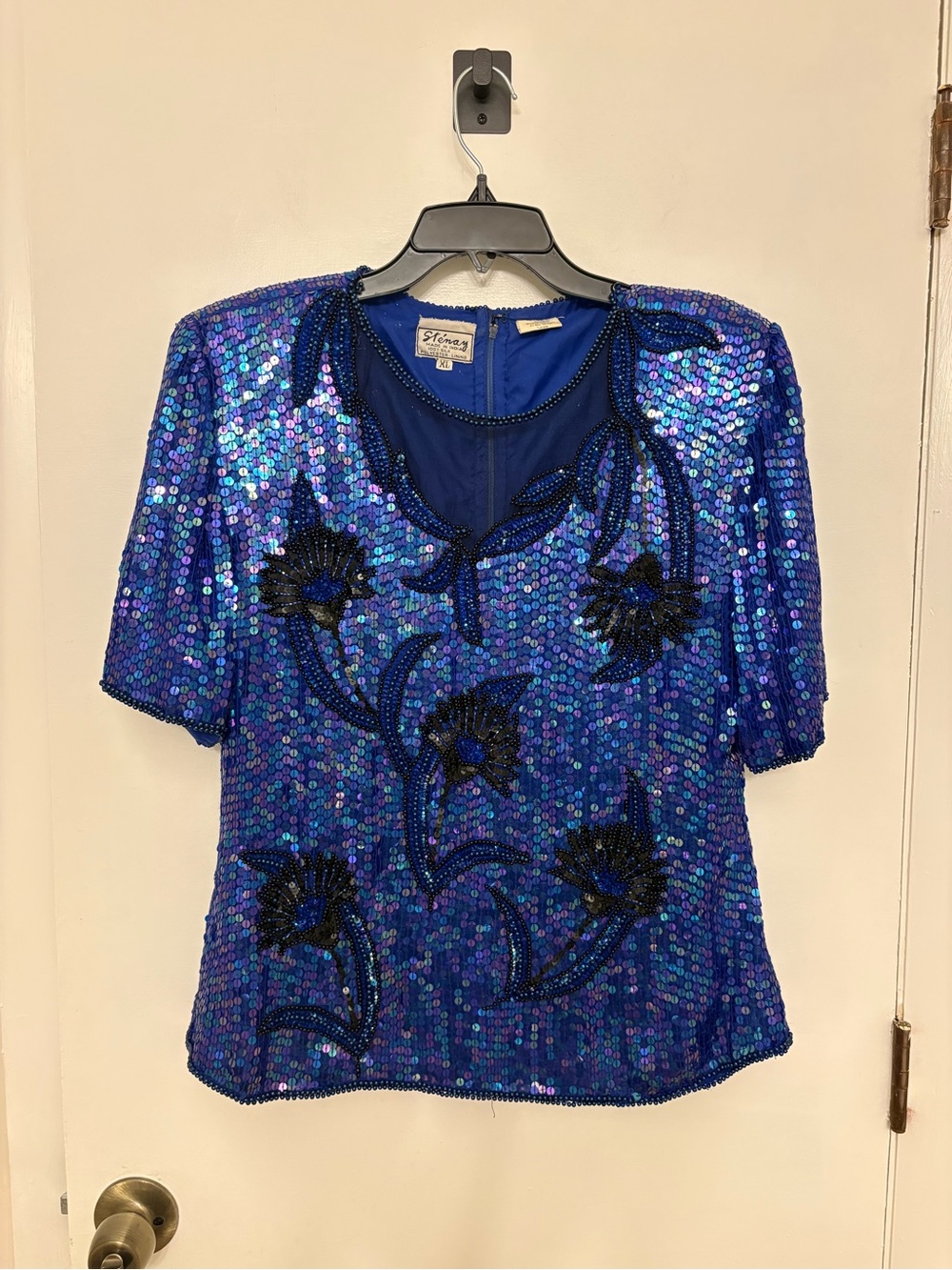 VTG Stenay Blue Sequin Beaded Floral Silk Blouse Top Mesh Neckline XL